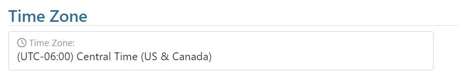 Screenshot of: Setting the Time Zone will display all date and times in your time zone.   This allows InTouch to send emails and posts during your operating hours.