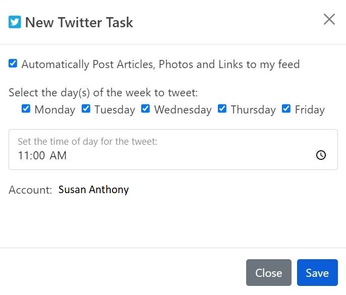 Screenshot of: You will be returned to the New Twitter Task dialog.  If you do not want the default days and time for you posts, you may change them. To have InTouch randomly post throughout the business day, set the time to 12:00 AM. Click Save.